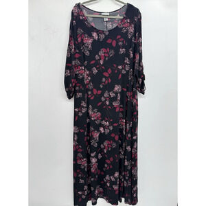 Catherines Scoop Neck Floral Maxi Dress Sz 2X Black/Pink Long Slv Modest Career